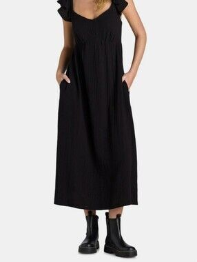 Black Ruffle Sleeve Gauze India Cotton Midi Maxi Dress Size XS